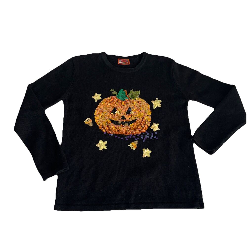 Peek A Boo Halloween Sequin JACK A LANTERN Black Pullover Sweater Size Medium